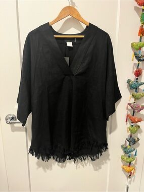Blaque Label Black V-Neck Tunic with Fringed Hem